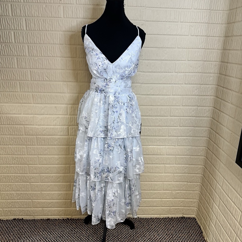 NWT Lulus Deeply Delightful Blue Floral Tiered Lace-Up Midi Dress Sz M Wedding
